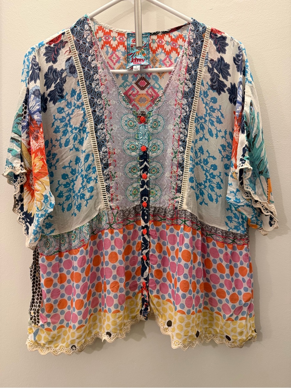Johnny Was Multicolor Floral & Polka Patchwork Button-Front Top